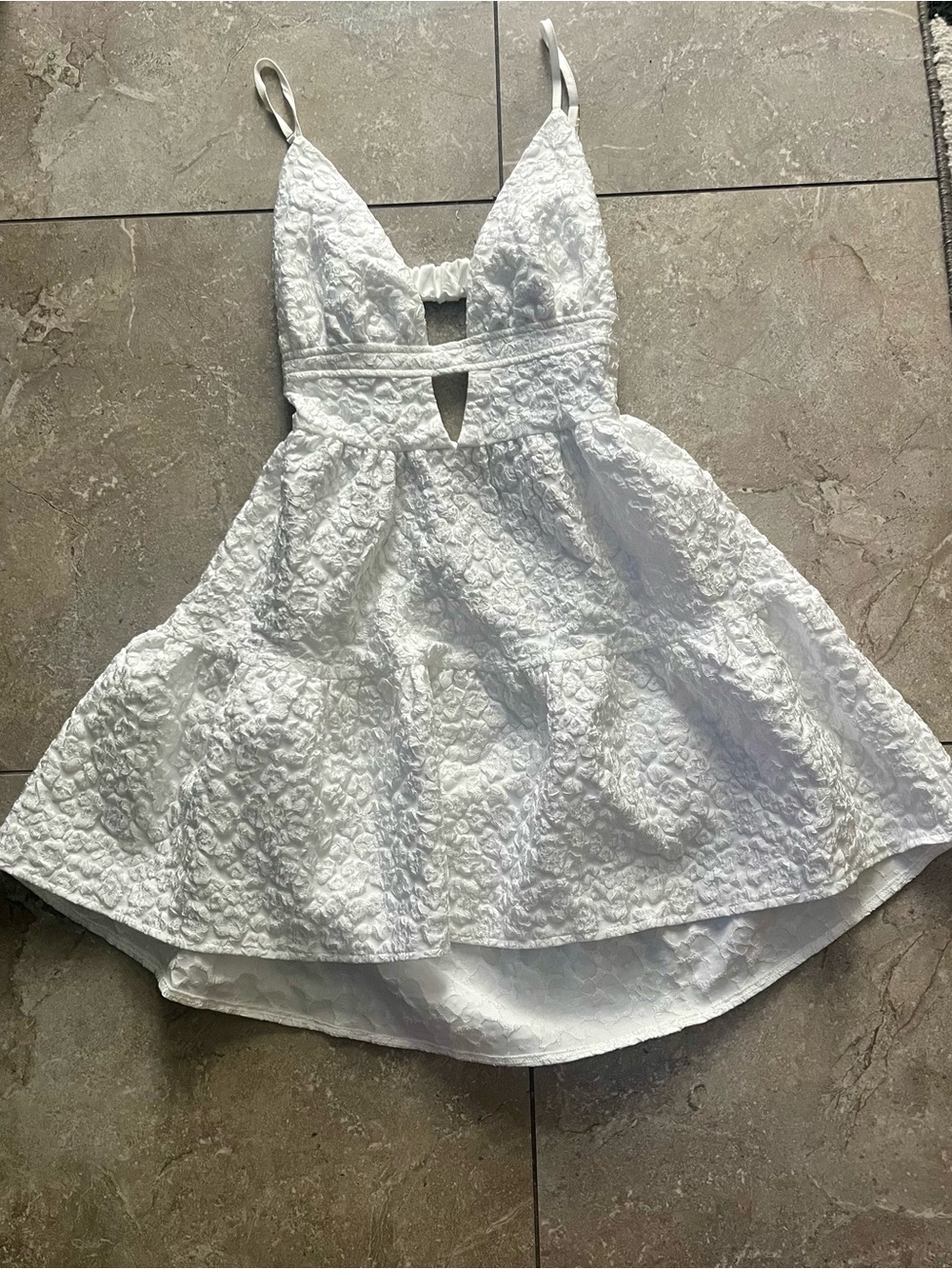 White Textured Fit & Flare Kids Dress with Spaghetti Straps